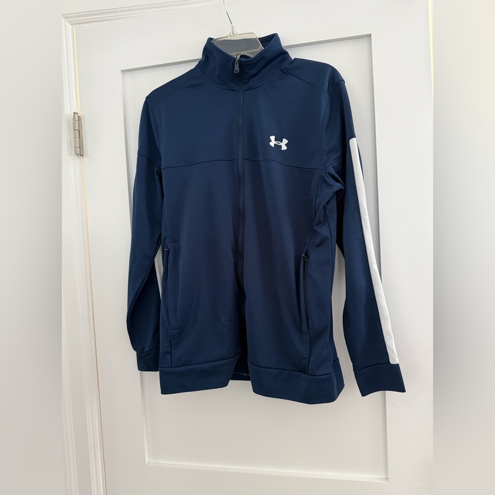 Champion navy blue men’s lightweight track jacket w/ white stripe accent
